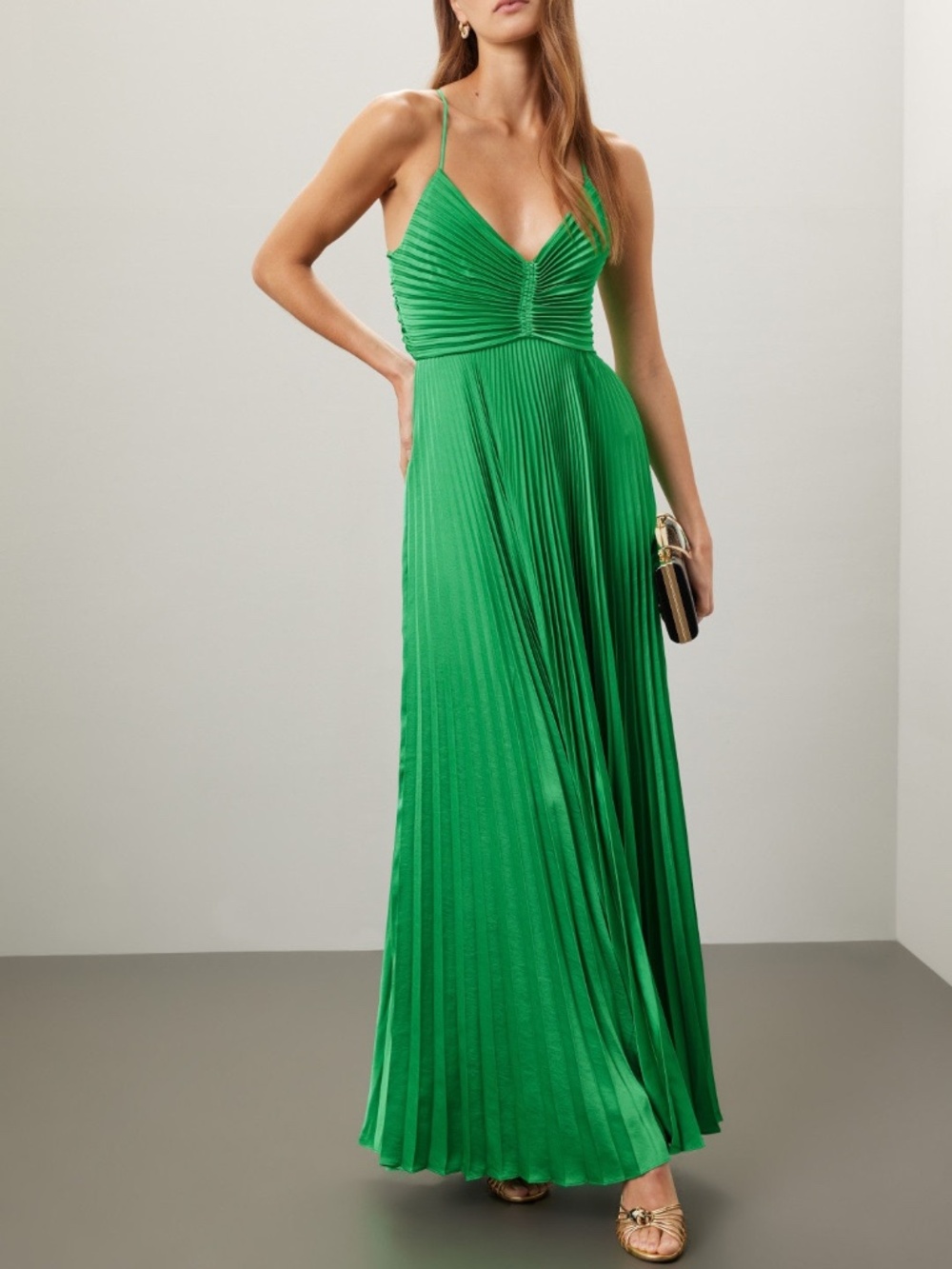 A.L.C. ALC Aries Kelly Green Satin Pleated Dress Maxi Tie Back - Size 2